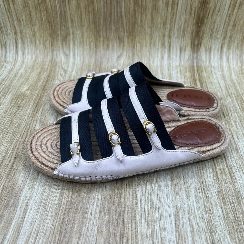 Coach Devon Espadrille Sandals Women's Size 6 White Leather Buckle Striped